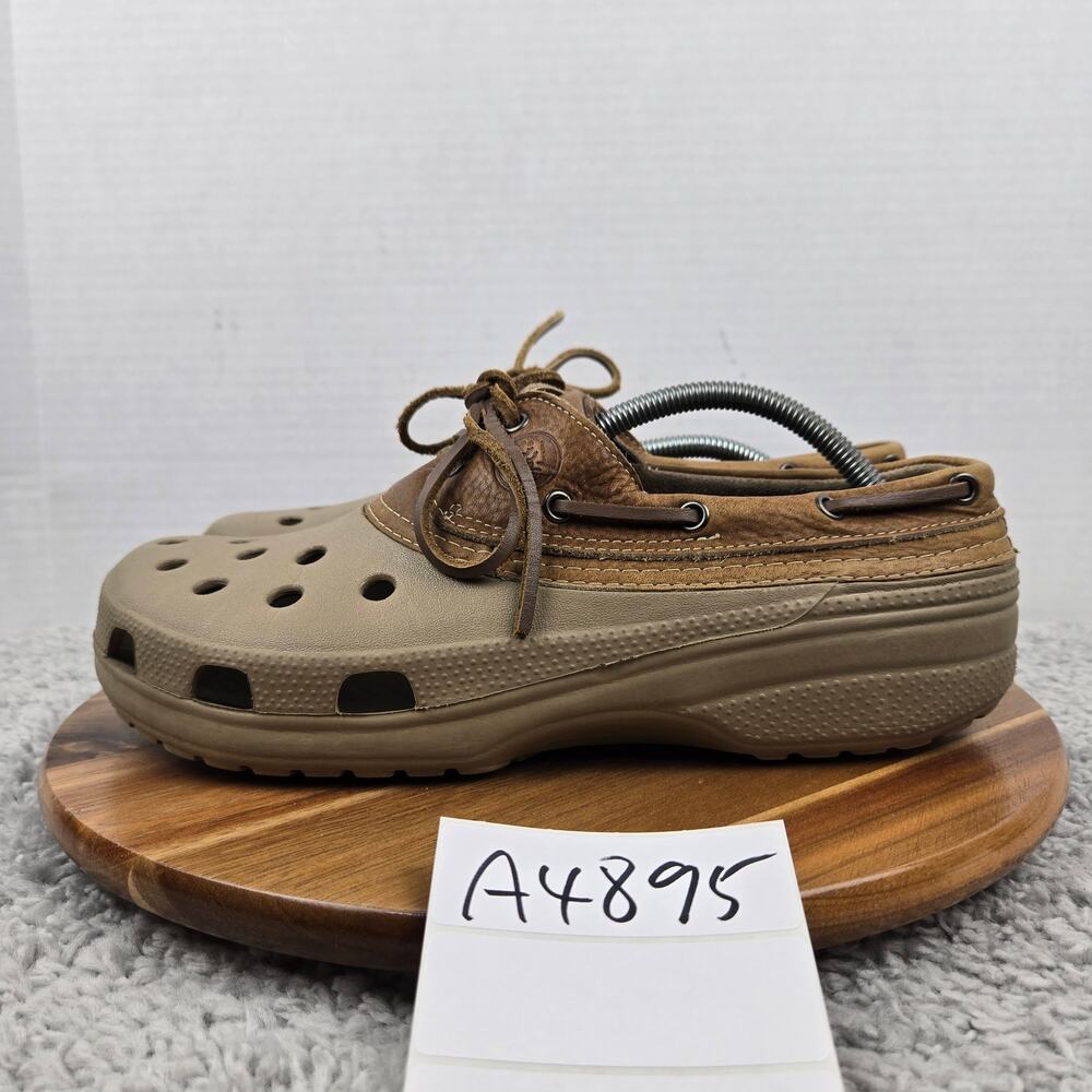 Crocs Mens 11 Islander Pitcrew Brown Leather Clog Casual Lifestyle Boat Shoes